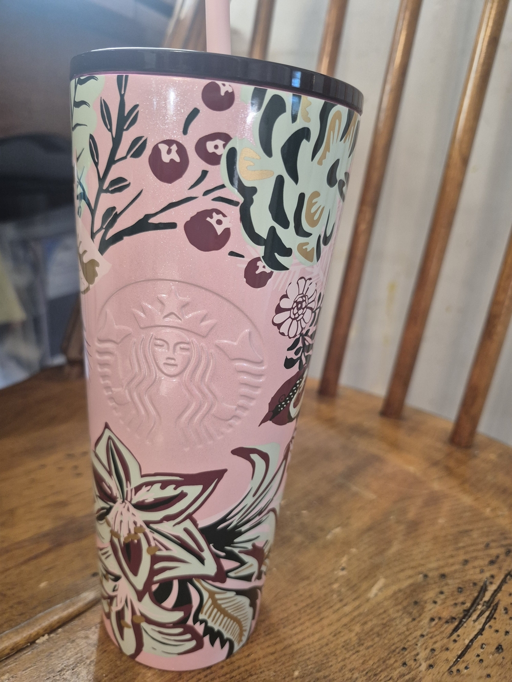 Starbucks Pink Floral Patterned Tumbler with Pastel Accents